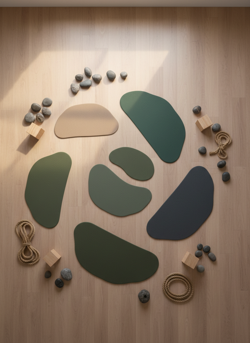 An overhead, bird’s-eye photographic view of a minimalist training space prepared for an Animal Flow introductory session, with absolutely no humans present. Various textured exercise mats in earthy tones—sand, moss green, and slate—are arranged in a loose, organic spiral pattern that subtly suggests fluid animal movement. Around the mats lie neatly positioned natural elements: smooth river stones, small wooden blocks, and coiled climbing ropes, all on a warm, light-wood floor. Soft, diffused morning light enters from an unseen window, creating a serene atmosphere with minimal shadows. The composition is balanced and symmetrical, evoking harmony, mobility, and connection with nature, perfectly suited for an educational site about conscious, grounded movement.